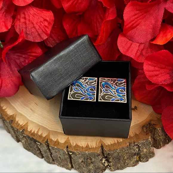 Black Blue and Silver Abstract Swirls Cufflinks - Picture 10 of 13